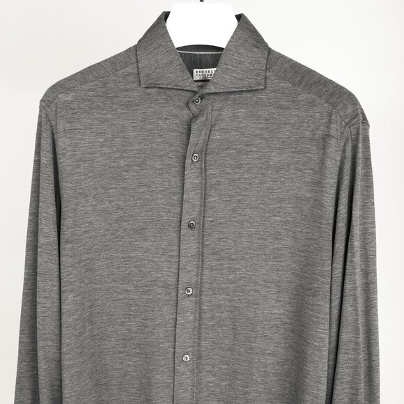 Brunello Cucinelli Dark Grey Silk & Cotton Jersey Button-Up Basic Fit Shirt - Picture 3 of 12